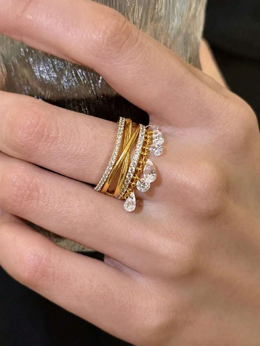 1pc Multi-Layer Fashion Gold Plated Ring Set With Zirconia Crystal Tassel, Adjustable Open Ring, Jewelry For Wedding, Party