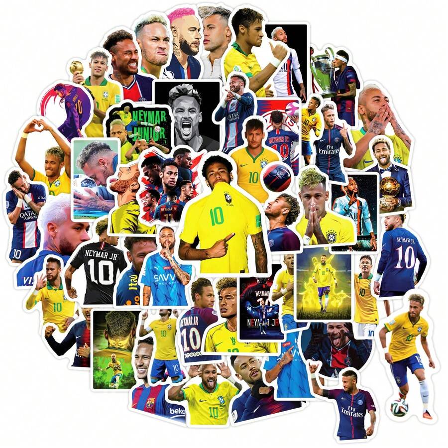 FIFA 50pcs Neymar Football Stickers, #10 Jersey, Trophy, Match Action And Celebration Patterns, Suitable For Scrapbooks, Journals And Football Fans - Multicolor - View 1