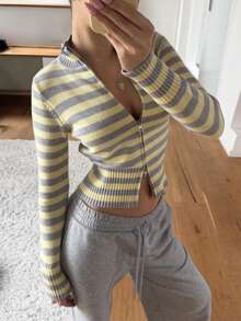 Women's Yellow & Grey Striped Cardigan, Knitted Long Sleeve Stand Collar Cropped Top, Double Zipper Design, Ribbed Details, Suitable For Spring Fall - Yellow Gray - View 5