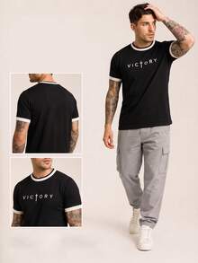 ALTZTAR Men's Round Neck Short Sleeve Embroidered Patchwork Minimalist Casual Knit Top - Black - View 1