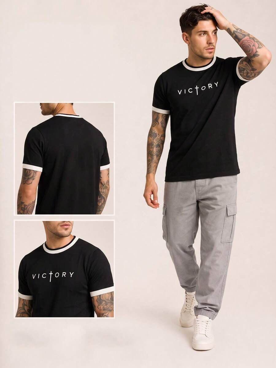 ALTZTAR Men's Round Neck Short Sleeve Embroidered Patchwork Minimalist Casual Knit Top - Black - View 1