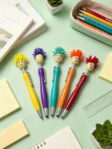 1/4/5pcs Creative Multicolor Cute Smiling Face Plush Head Ballpoint Pens, Personalized Back To School Gift Pens - Multicolor - View 2