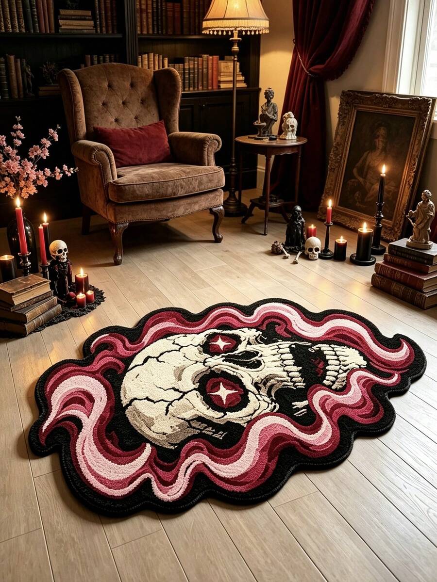 1pc Gothic Skull With Colorful Smoke Decor Rug, Dark, Halloween, Bedroom Decor, Small Rug, Carpet, Home Decor, Living Room Rug, Living Room Small Rug, Bedroom Rug, Living Room Home Decor, Outdoor Rug, Washable Rug - Multicolor - View 1
