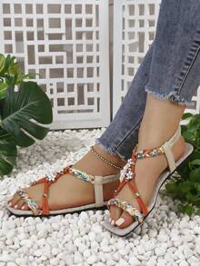 Damen Sommer Mode Boho Flache Sandalen, gewebtes Hohldesign mit Blumen- und Metallelement, geeignet für Strand, Urlaub, Dates und verschiedene Anlässe, Orange - Orange - Übersicht 2