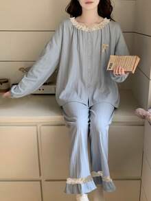 2pcs/Set Women's Pajamas Loungewear Set, Cardigan With Ruffle Lace Trim, Fashionable Long Sleeve & Long Pants, Easy Care Fabric - Blue - View 3
