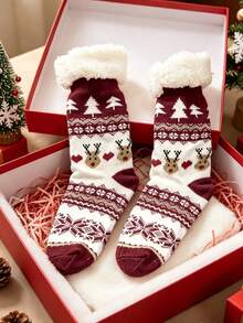 1 Pair Women's Socks Winter Heart Snowflake Christmas Tree Deer Pattern Thickened Thermal Lined Warm Anti-Slip Home Socks Suitable For Christmas, Pregnant Women, Daily Wear, Gift Giving - Multicolor - View 4