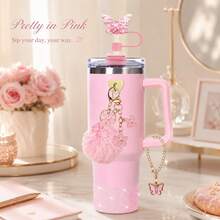 6PCS Butterfly Tumbler Accessories Set For 40oz Cups, Glitter Silicone Boot, Butterfly Straw Topper, Pom Pom Keychain, Flower Charm, Butterfly Pendant Chain & Heart Adhesive Hook, Cute Cup Decor Gift For Women, Cup Not Included - Multicolor - View 5