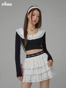Áo thun nữ CHUU cổ bèo, dáng petite, ôm slim fit, phối ren, tay dài, lớp mặc trong mùa thu - màu đen - Xem 4
