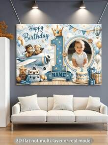 Customizable Photo & Name Pink Blue 1st Birthday Backdrop, Brown Teddy Bear, Gift Box, Bow, Floral, Cake, Heart Balloon Design, Cake Table Background, Vinyl, Party Supplies - Type C - View 5