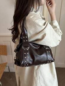 Korean Style Rivet Textured Commuter Work 2026 Large Capacity Hot Girl Motorcycle Handbag Shoulder Underarm Bag - Coffee - View 5