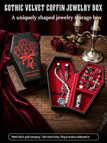 1pc Fashion Gothic Coffin-Shaped Jewelry Box, Fashionable Artificial PU Leather Mini Jewelry Storage Box, Perfect For Storing Earrings, Rings, Necklaces And Bracelets, Portable Gothic Style Storage Box, Perfect For Halloween, Christmas, Back To School, Unique Gift For Fashion Enthusiasts And Collectors - Multicolor - View 1