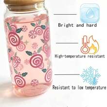 Christmas Themed Printed Glass Cup Set / Paired With Bamboo Lid. Glass Straw, Stainless Steel Straw Brush. Multiple Fun Holiday Patterns, Transparent Cup Body With Excellent Texture, Suitable For Cold Drinks, Juice, Coffee, Home Use, Holiday Gifts, Party Use, Perfect For Decorating The Atmosphere Of Winter Time. - Multicolor - View 6
