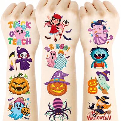 zillor Halloween Temporary Tattoo Stickers - 30 Pieces, Cute Pumpkin, Ghost, Bat, Spider, Candy, Witch, Magician Patterns, Halloween Party Gift Supplies Decoration, Perfect For Costume Party, Halloween Accessories, Prank Makeup Props, Halloween Gift
