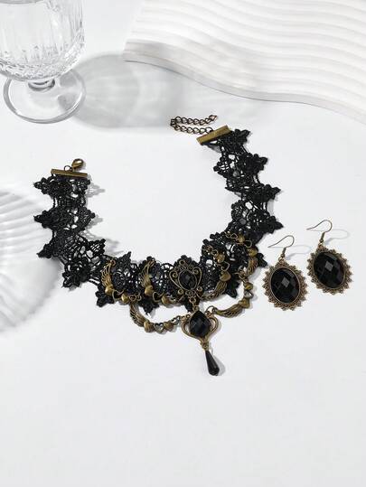 3pcs Women's Dark Style Lace Heart Wing Necklace Elegant Gothic Choker Black Gemstone Earrings Set