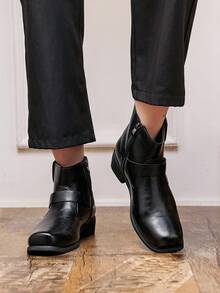 Men's High Heel Square Toe Chelsea Boots, Height Increasing British Style Side Zipper Cross Strap Ankle Boots, Business Casual Fashion Boots - Black - View 10