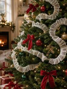 1pc White Ruffled Mesh Ribbon Garland Christmas Tree Swag Trim Xmas Mantel Fireplace Stair Handrail Window Party Backdrop Festive Hanging Streamer Holiday Home Layout Decor Winter Scene Ornament Decorative Accessory - Multicolor 4 - View 7