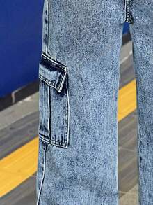 Tween Girls' Casual Loose Denim Long Pants, Straight Leg Cargo Pants With Flap Pockets And Contrast Stitching Details, Suitable For Spring/Summer Y2K Vintage Washed 2000s Denim Cargo Pants - Blue - View 5