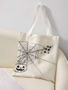 1pc Halloween Spider Web Print Canvas Tote Bag, Large Capacity Hand‑Held Shoulder Bag, Reusable Shopping Bag For Halloween Party Daily Commute - Beige - View 4