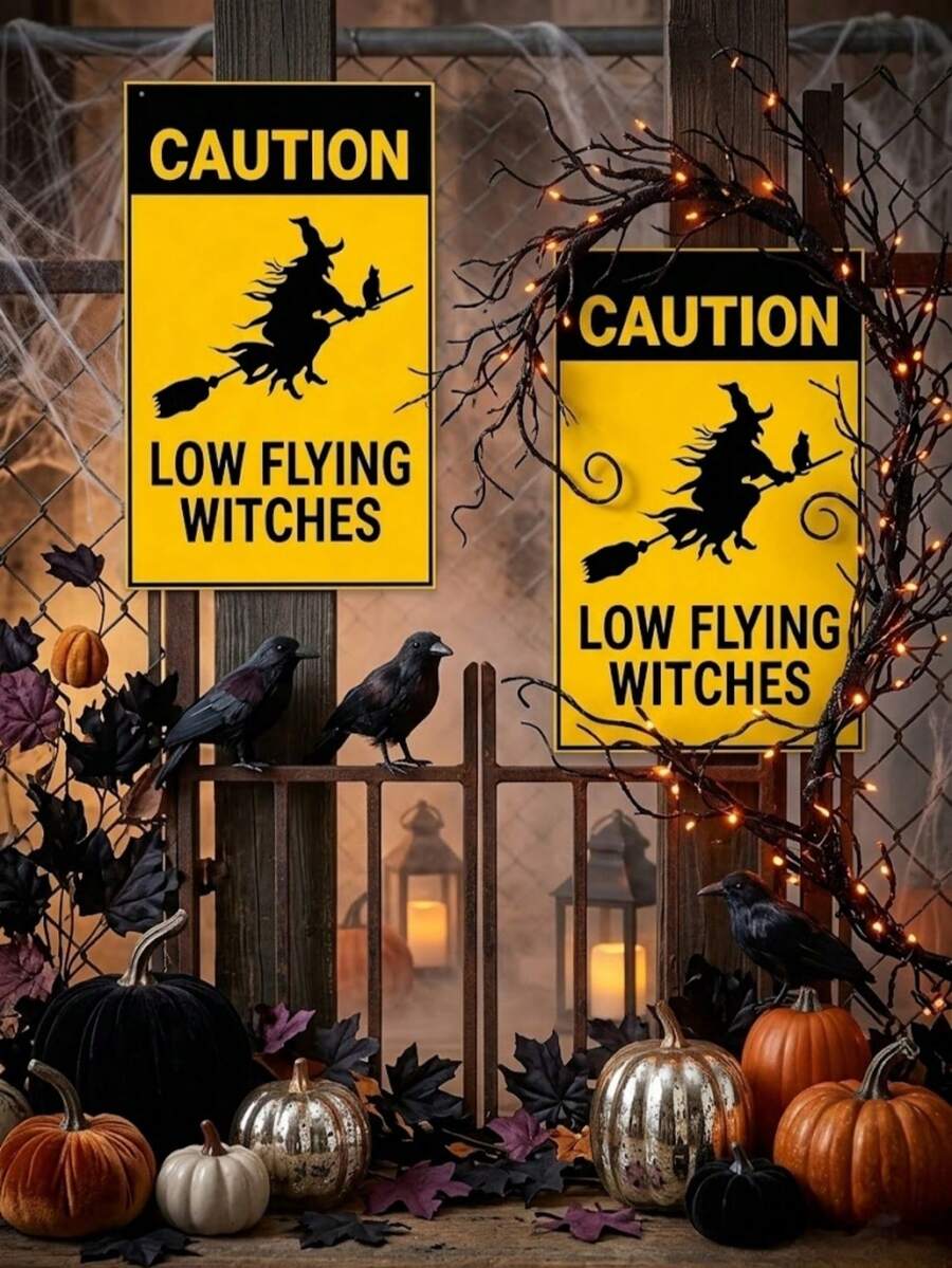 1pc Low-Flying Witch Yard Sign Iron Painting Decor, Fun Halloween Garden Signboard, Rust-Proof Reflective Iron Material, Suitable For Lawn Decoration And Halloween Party Decoration, Home Decor, Outdoor Decor, Bathroom Wall Decor - Multicolor - View 1
