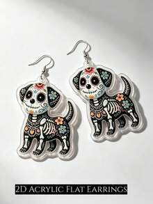 2D Flat Cute Skeleton Puppy Pendant Earrings, Gothic Floral Dog, Halloween Accessory, Mexican Day Of The Dead Earrings - Skeleton Puppy - View 8