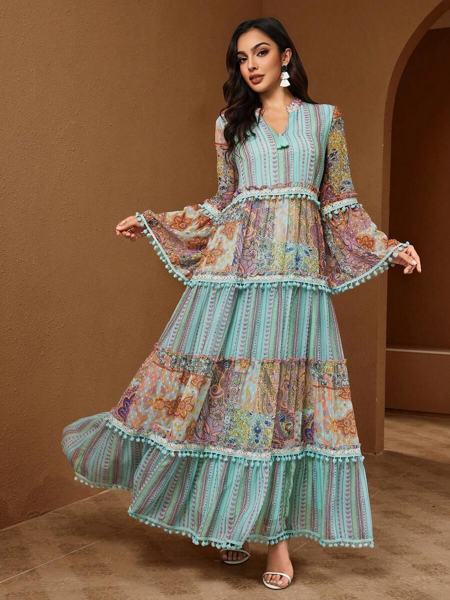 Bohemian Paisley Print Long Sleeve Arabian Dress, V-Neck And Pom Pom Trim Detail - Mint Green - View 1