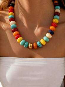 1pc Bohemian Y2K Creative Fashion Elegant Exquisite Luxurious Sweet High-Quality Dopamine Color Flat Resin Beaded Chunky Necklace For Women, Sisters, Couples, Prom/Evening Party, Ceremony, Exquisite Jewelry Gift, Suitable For Daily Wear, Dating, Party, Holiday, Music Festival, Commuting, Wedding, Halloween, Christmas (Bead Color Random) - necklace - View 3