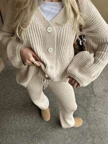 2pcs Women's Casual Knit Cardigan Sweater And Flare Pants Set, Slightly Stretchy, Warm And Comfortable, Autumn Fall - Apricot - View 2