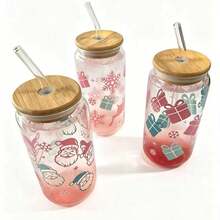 Christmas Themed Printed Glass Cup Set / With Bamboo Lid. Glass Straw, Stainless Steel Straw Brush. Multiple Fun Holiday Patterns, Transparent Cup Body With Excellent Texture, Suitable For Cold Drinks, Juice, Coffee, Perfect For Home Use, Holiday Gifts, Party Use, Decorating The Atmosphere Of Winter Time. - Multicolor - View 4