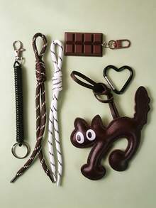 Cute Leather Cat Bag Charm Keychain, Cat Pendant With Chocolate Charm And Braided Rope Tassel, Bag Charm, Car Interior Charm, Car Keychain. Sweet Coffee Tone Bag Accessory Gift, Suitable For Women And Girls, Gift For Women, Birthday, Holiday Gift. - Multicolor - View 8