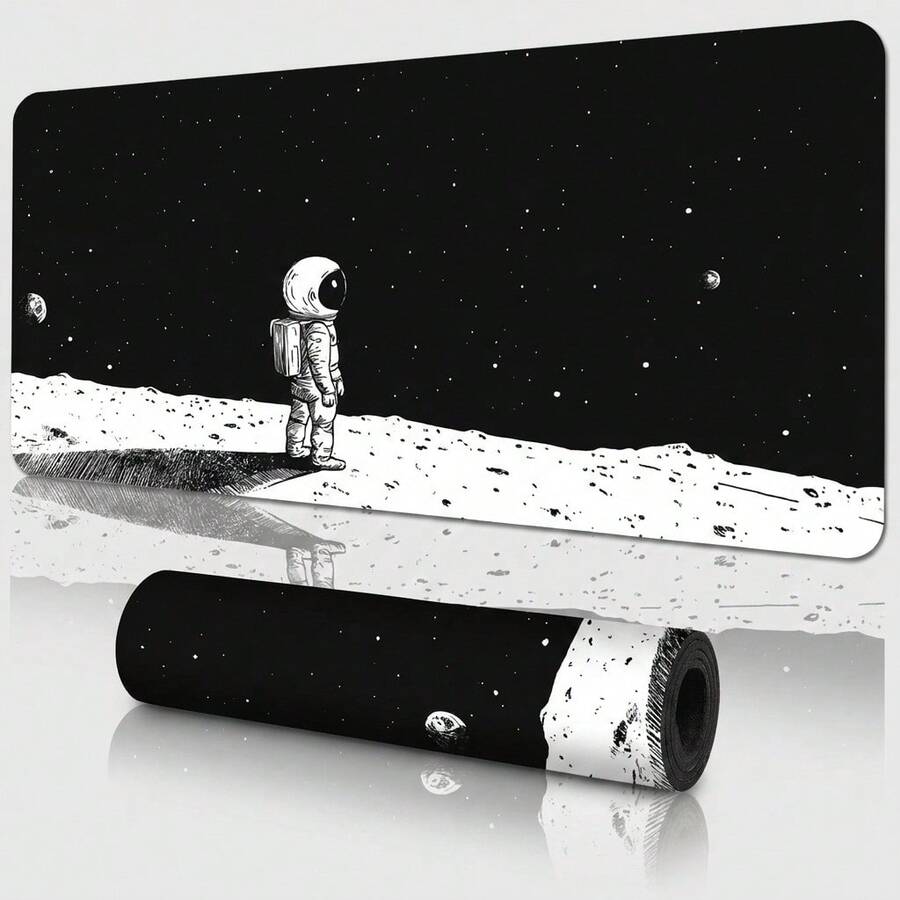 Alfombrilla de ratón y tapete de escritorio extra largo con patrón de ilustración de astronauta, luna y observación de estrellas en blanco y negro, base de goma antideslizante y duradera, superficie suave apta para computadora, portátil, oficina y hogar, decoración de arte abstracto, útiles escolares - A - Ver 1