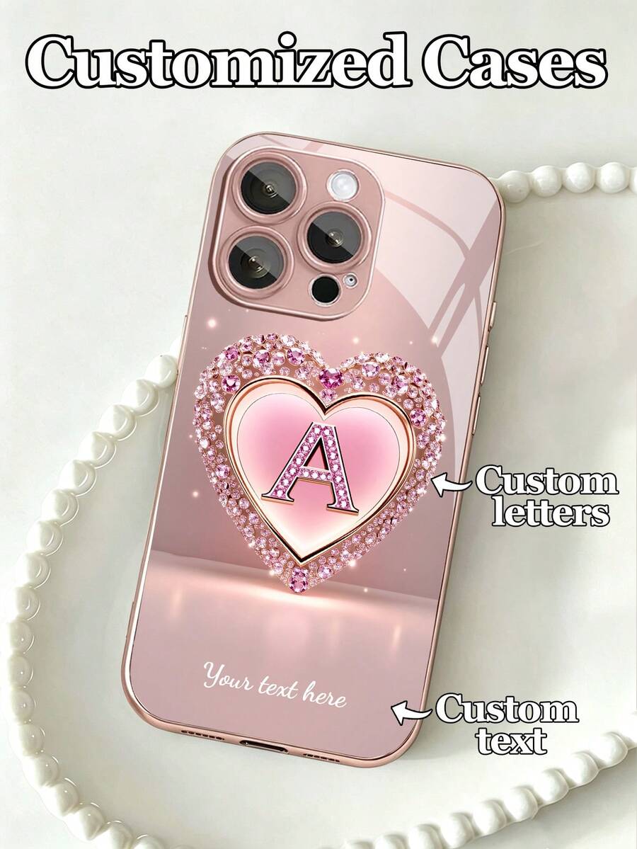 1pc Customizable Text & Letter Design With Pink Heart Shape Tempered Glass Phone Case, Compatible With Iphone 17 Pro Max/17 Air/16 Pro Max/15 Pro/14 Plus/13 Pro/12 Pro Max/11/Xs Max/8/7/6 Plus, S24 Ultra/S25 Ultra/A12/A55/A31/A22, High-End Business Custom, Best Gift For Friends And Family,International Version, Not The Domestic Version - Pink - View 1