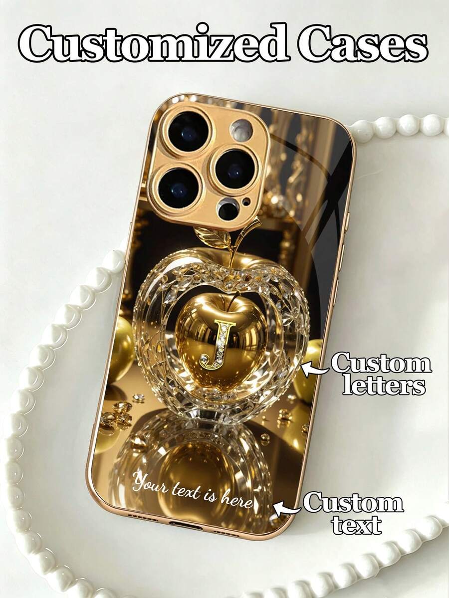 1pc Customizable 26 Letters & Text Design, Flowing Gold Liquid Metal Effect Apple Pattern Tempered Glass Phone Case, Compatible With IPhone 17 Air/16 Pro Max/15 Pro/14 Plus/13 Pro/12 Pro Max/11/Xs Max/8/7/6 Plus, S24 Ultra/S25 Ultra/A12, High-End Business Custom Gift For Boyfriend, Girlfriend, Family,International Version, Not The Domestic Version