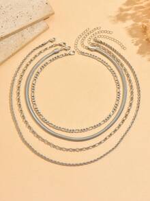 Set Kalung Perhiasan Punk Metalik 4 Buah/Set, Dapat Dipakai Sendiri atau Ditumpuk, Rantai Leher Wanita Hip Hop Keren dan Manis Berlapis, Cocok untuk Pemakaian Sehari-hari - perak - View 3