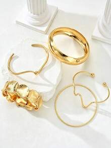 5/1pc Set Vintage Minimalist Casual Style Wavy Round Disc Smooth Gold Bracelet Set, Suitable For Women's Daily Wear, Dating, Party, Vacation, Wedding, Layering, Gift - Gold - View 3