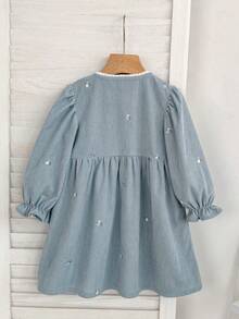 Japanese & Korean Style Girls' Dress With Bow & Embroidery, Long Sleeve, Spring/Autumn, Peter Pan Collar, Fashion Princess Dress - Dusty Blue - View 3