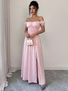 Women's Elegant Pink Off-Shoulder Short Sleeve Fitted Dress With Slit Design, Perfect For Formal Occasions Or Bridesmaid Dress - Pink - View 1
