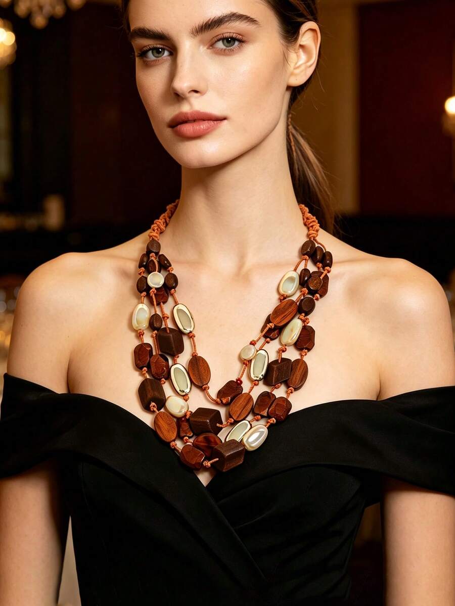 Maillard Vintage Multi-Layer Wooden Bead Necklace, Handmade Braided Rope Contrast Color Neck Chain, Versatile Exaggerated Accessory For Vacation And Commute - Brown - View 1