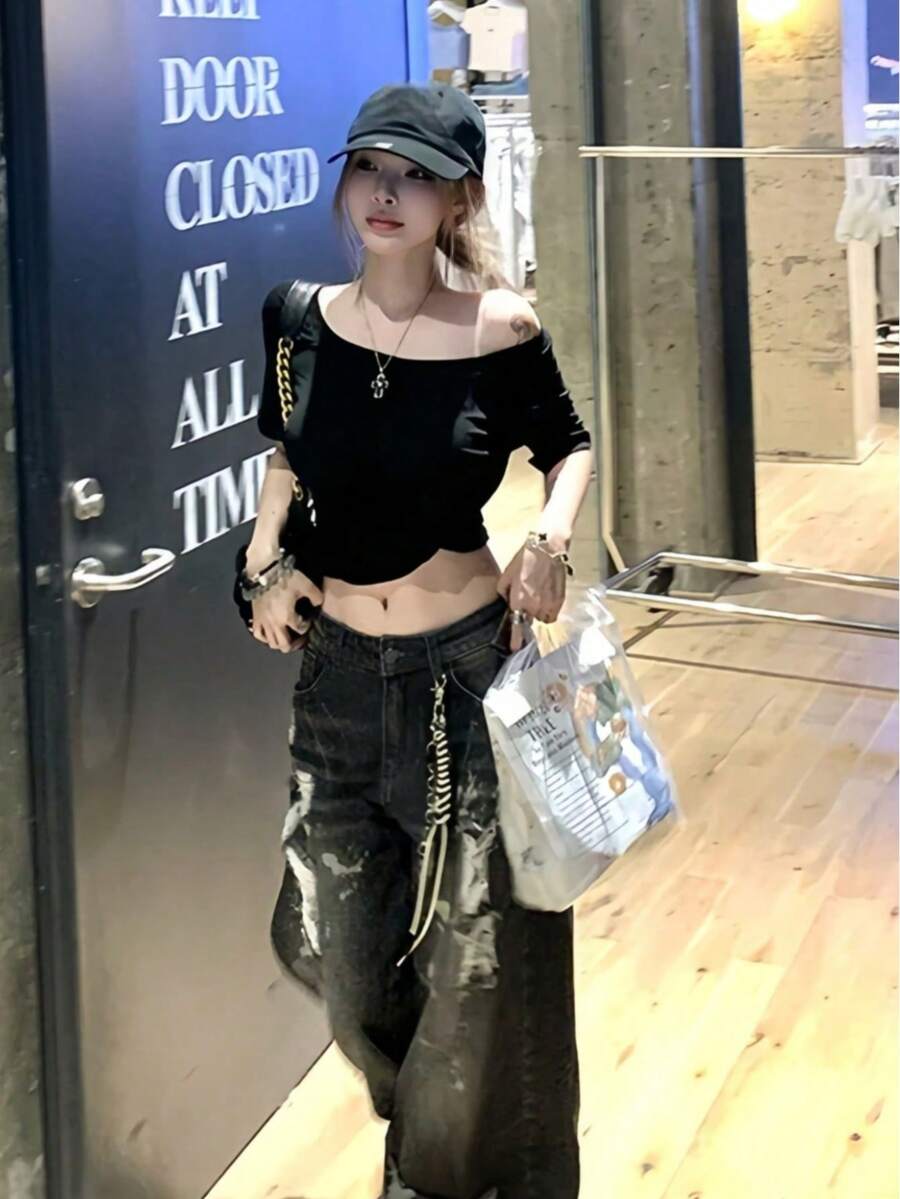 黑色性感不對稱單肩短袖女款夏季打結設計短版上衣 - 黑色 - 查看 1