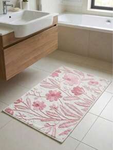1pc Pink Ditsy Floral Faux Cashmere Bathroom Rug, Soft Plush Printed Machine Washable Small Carpet, Multi-Scene Home Decor Rug, Suitable For Bathroom And Kitchen - A - View 2