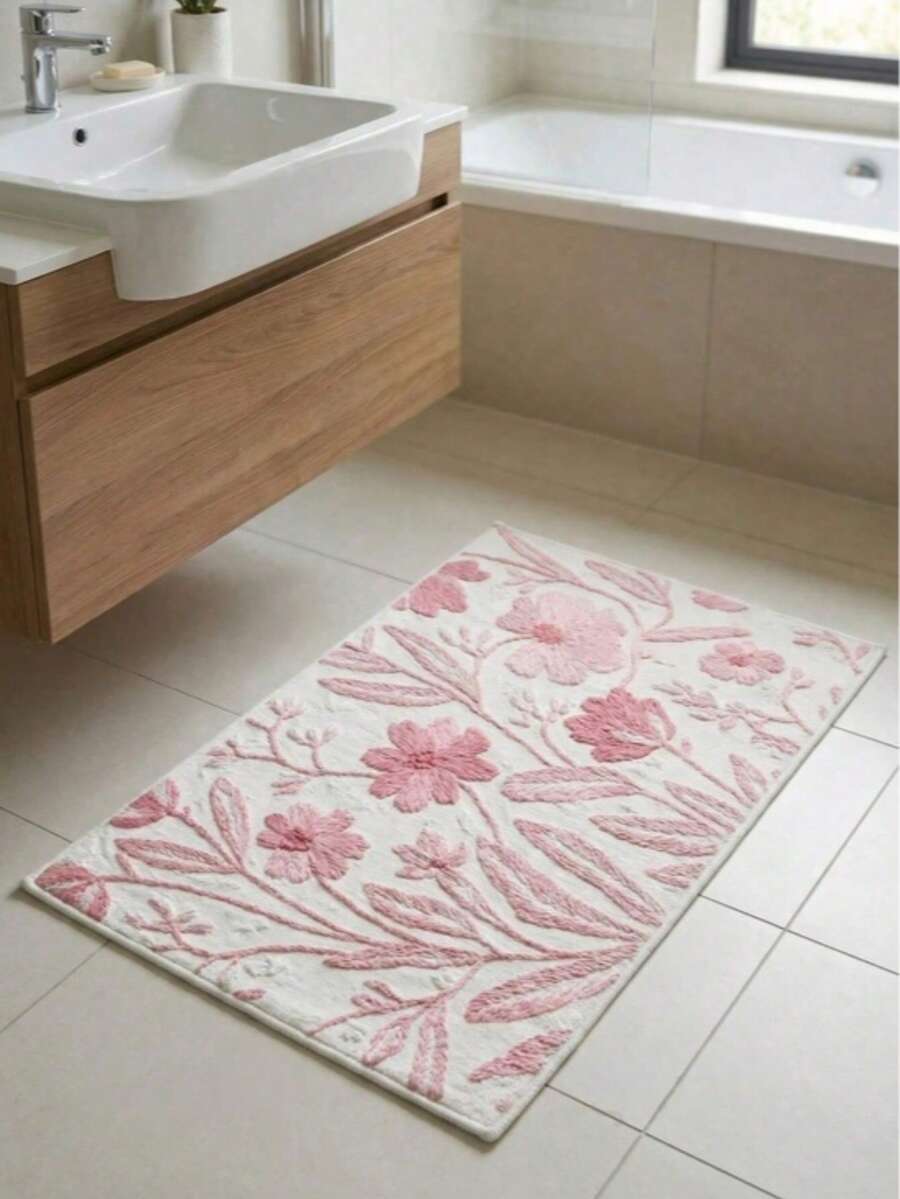 1pc Pink Ditsy Floral Faux Cashmere Bathroom Rug, Soft Plush Printed Machine Washable Small Carpet, Multi-Scene Home Decor Rug, Suitable For Bathroom And Kitchen