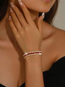 1pc Exquisite Dual-Tone Chain Bracelet, Bridal Wedding Party Jewelry, Suitable For Daily Wear, Banquet, Halloween, Anniversary - Red - View 5