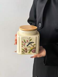 1pc French Vintage Floral Ceramic Storage Jar, Multi-Purpose Square Shape With Round Lid, Round Ceramic Airtight Canister, Coffee Bean Container, Suitable For Kitchen Spices, Coffee, Grains, Candy, Cookies, Home Kitchen Table Decor - Multicolor - View 11