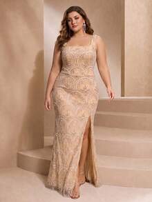 VIPGIRL Apricot Women's Long Knit Evening Dress, Decorated With Beaded Details And Lace-Up Back, Elegant Plus Size Ball Gown - Apricot - View 3