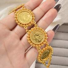 Retro 14K Gold-Plated Copper Lace Circular Double-Sided Badge Bracelet Arabic Style For Women Daily Parties Festivals Wear - Gold - View 5