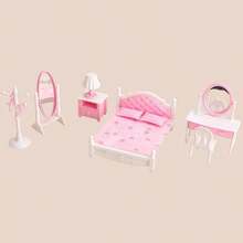 Set Model Furnitur Kamar Tidur Mini Warna Pink & Putih, Termasuk Tempat Tidur Mini, Meja Rias dengan Cermin, Gantungan Baju, Kursi, Meja Nakas, Lampu Meja, Cermin Panjang, Koleksi Hiasan Dekoratif Tampilan Pemandangan Lanskap 3D - MultiWarna - View 6
