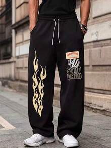 MAISONFOX Men's Black Loose Sweatpants, Vintage Cream Flame Pattern & Patchwork Text, Drawstring Wide Leg Joggers, Retro Skateboard Streetwear Long Pants - Black - View 7