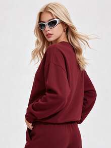 KyrLssu Sweatshirt Lengan Panjang Kerah Bulat Longgar Kasual untuk Wanita - Merah - View 3