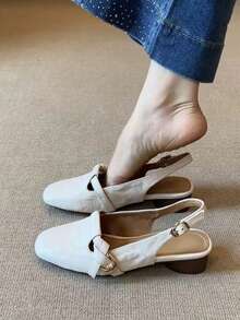 Sepatu Selop Wanita Musim Panas Model Baru dengan Hak Tebal, Ujung Datar, dan Ujung Persegi, Model Selop Tertutup - Krem - View 6