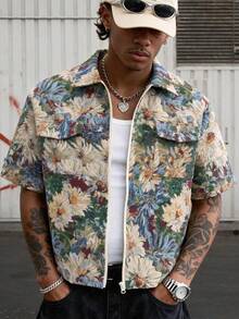 Summer Men's Summer Vintage Oil Painting Floral Loose Drop Shoulder Casual Short Sleeve Shirt - Multicolor - View 2