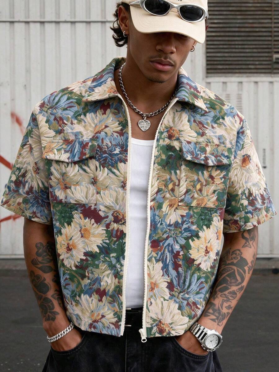 Summer Men's Summer Vintage Oil Painting Floral Loose Drop Shoulder Casual Short Sleeve Shirt